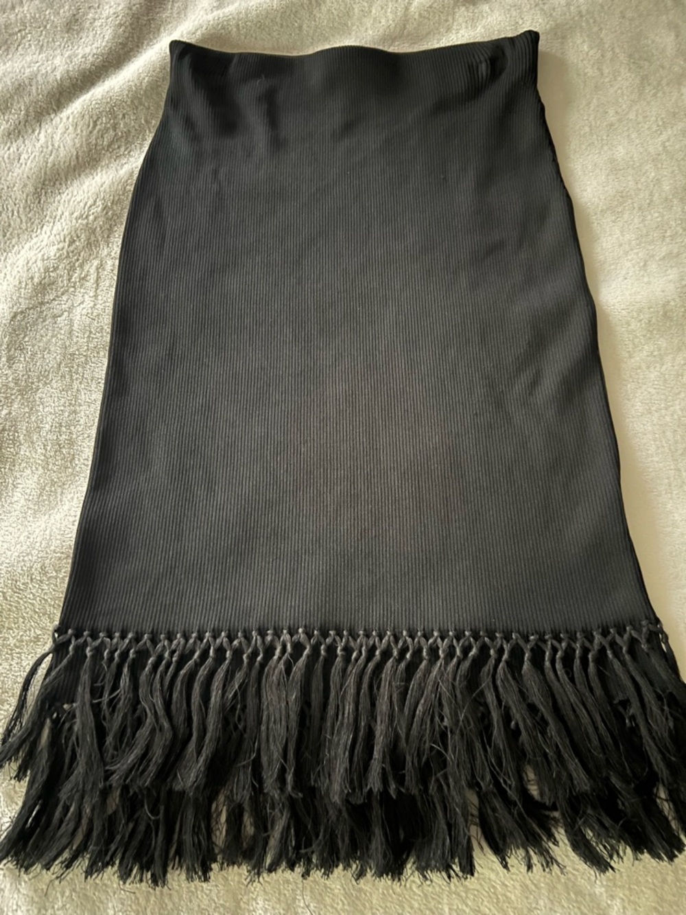 Ralph Lauren Black Ribbed Midi Skirt with Fringe Hem